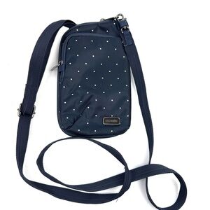 Pacsafe Daysafe Tech Crossbody Bag Navy Blue Polka Dot Anti Theft Brand New